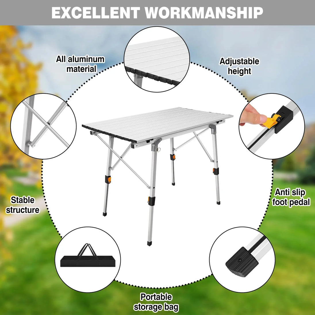 BRIEFNESS Table de Camping Pliante en Aluminium Léger 90x52cm, Réglable 2 Hauteurs (68cm), Portable avec Espace de Rangement pour Plage, Pêche, Jardin, BBQ CaravanSwitch