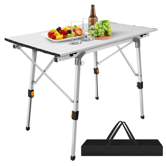 BRIEFNESS Table de Camping Pliante en Aluminium Léger 90x52cm, Réglable 2 Hauteurs (68cm), Portable avec Espace de Rangement pour Plage, Pêche, Jardin, BBQ CaravanSwitch
