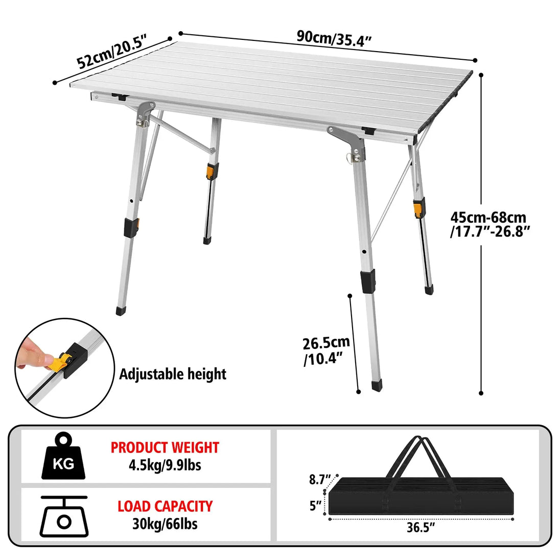 BRIEFNESS Table de Camping Pliante en Aluminium Léger 90x52cm, Réglable 2 Hauteurs (68cm), Portable avec Espace de Rangement pour Plage, Pêche, Jardin, BBQ CaravanSwitch